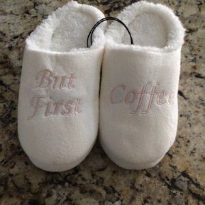 But First Coffee Slippers White Pink